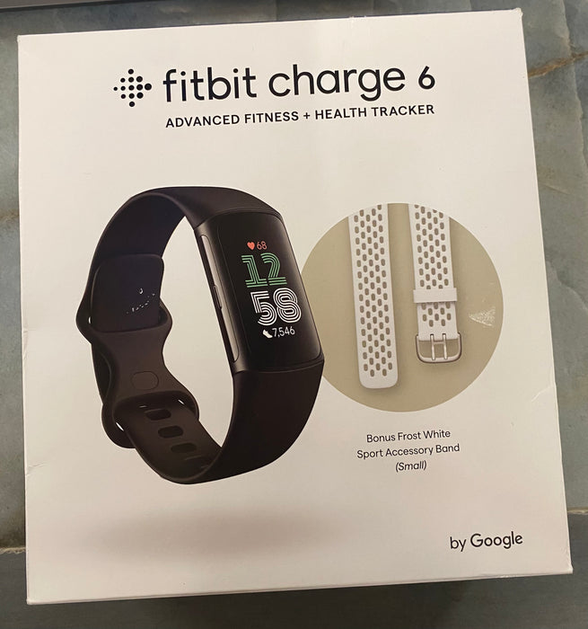 Fitbit Charge 6 Obsidian Band / Black Aluminum Case + Bonus Sport Band Frost White, Small